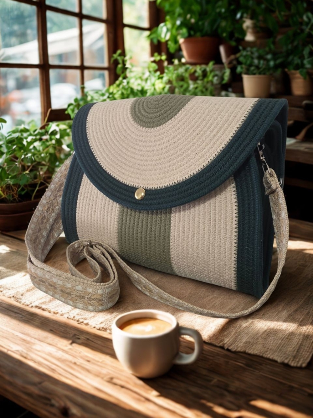 Woven Straw Crossbody Bag in Natural & Green